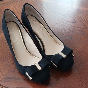 Jessica Simpson Black Wedge Shoes with Gold Accents